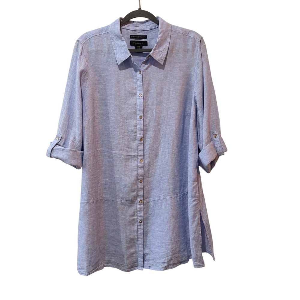 Tahari Button Down Tunic‎ Women 1X Blue 100% Linen Roll Tab Sleeve Coastal Beach